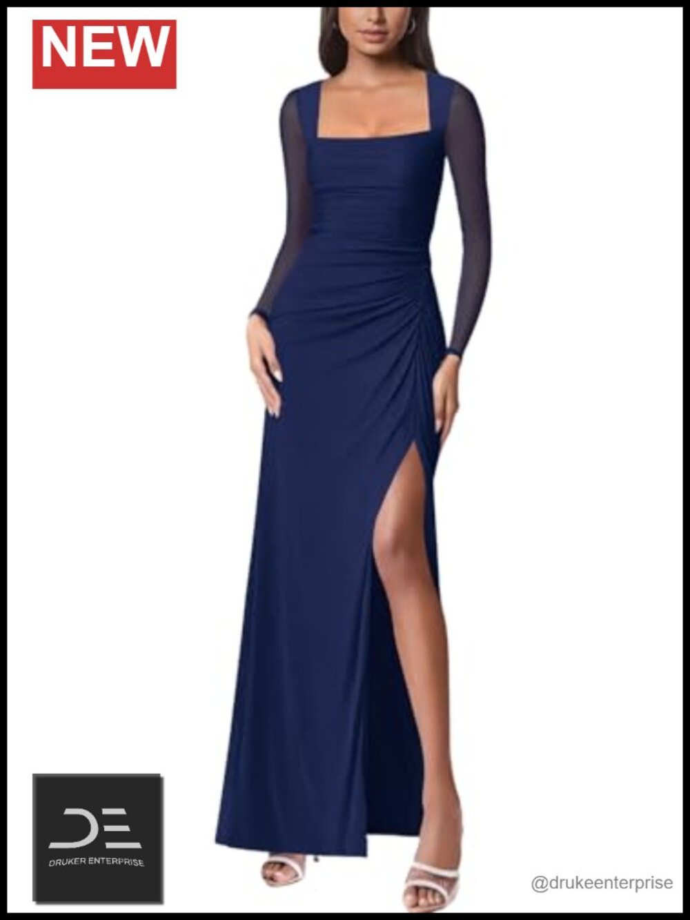 Women Mesh Long Sleeve Square Neck Ruched Sheath Formal Evening Maxi Dress